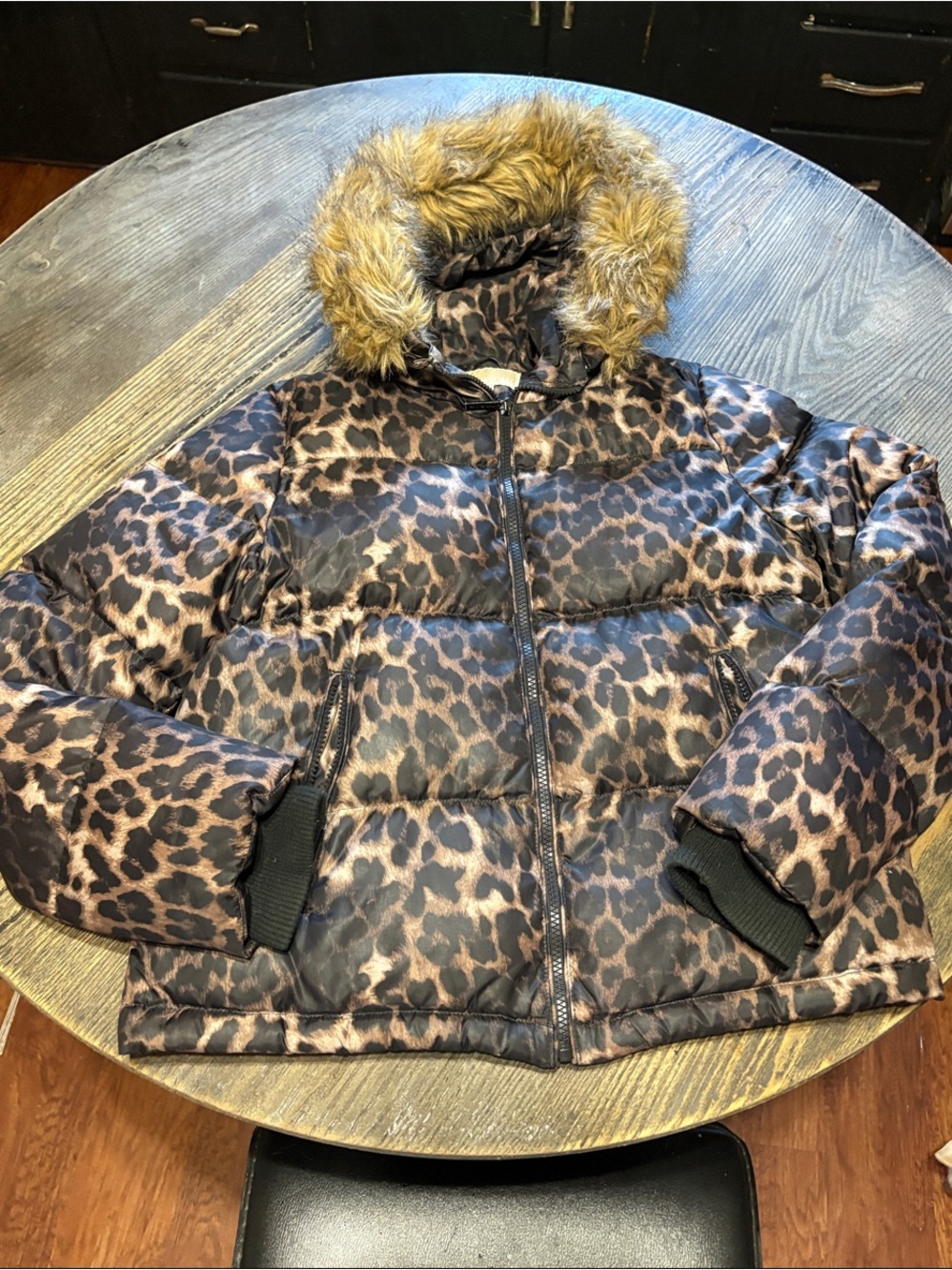Michael Kors Leopard-Print Puffer Jacket with Faux Fur Hood
